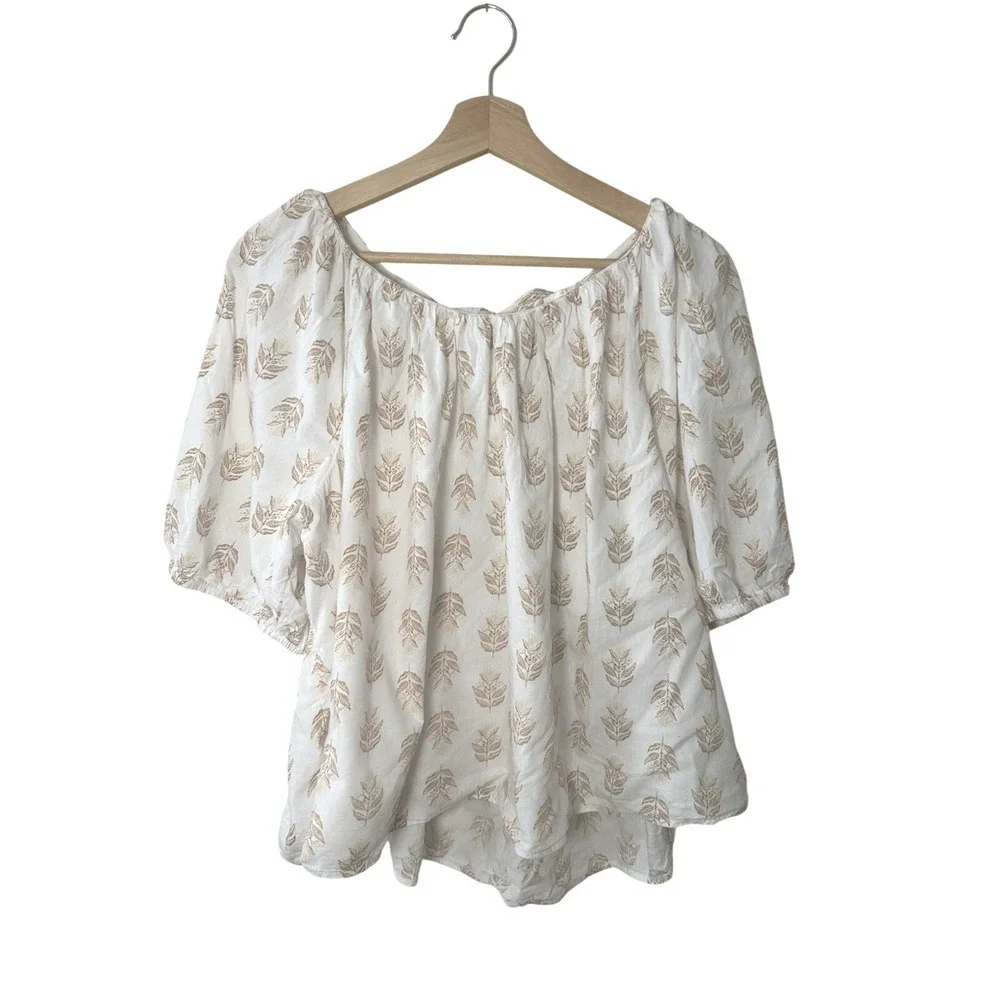 Old Navy Floral Block Stamp Peasant Top XL Puff Sleeve Tie Back Cottage Boho